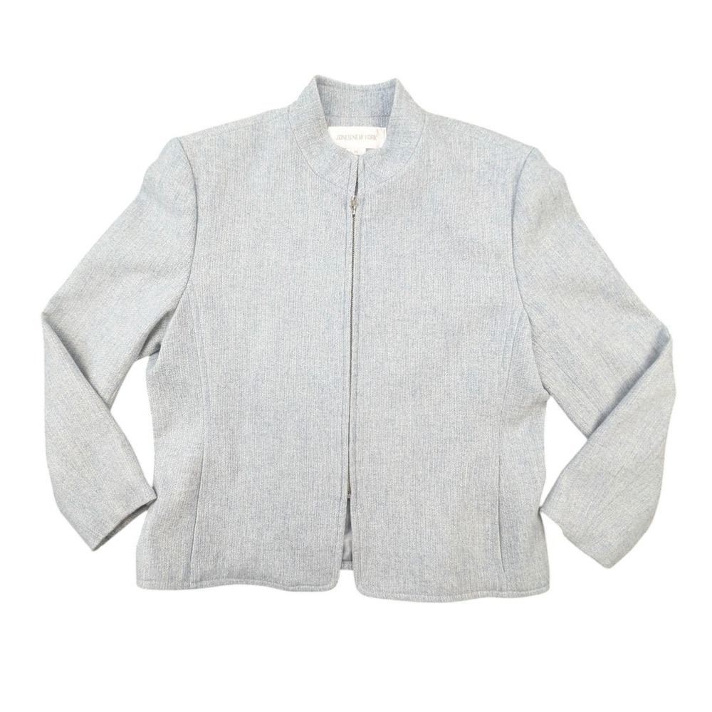 Jones‎ New York Wool Cashmere Jacket Light Blue Grey Zip Mock Neck Blazer 16